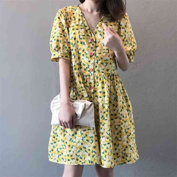 

summer floral printing mini dress puff sleeve 100% cotton v-neck single breasted 210421, Black;gray