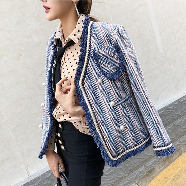 

women's jackets 2021 women tweed jacket autumn winter wool coats lady fashion tassel pockets beaded female, Black;brown
