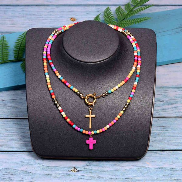 

moon girl 85cm long cross pendant necklace for women fashion colour beads boho double layer statement femme choker drop, Silver
