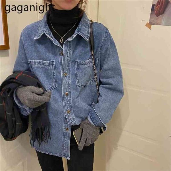 Denim Shirt Frauen Frühling Blau Damen Jeans Shirts Casual Damen Blusas Langarm Weibliche Top Doppel Taschen Blusen 210601