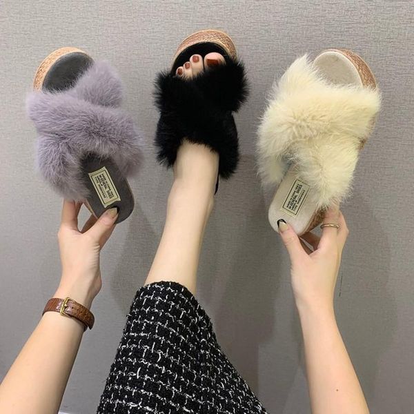 

spring autumn women high-heeled slippers sponge cake thick-soled cross fur outer wear fashion flip-flops, Black