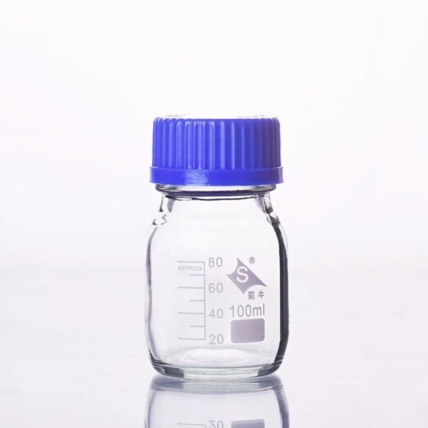 

lab supplies 4pcs reagent bottle,with blue screw cover,normal glass,capacity 100ml,graduation sample vials plastic lid