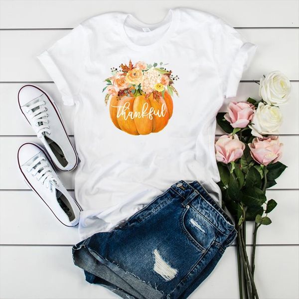 

graphic flower pumpkin thankful floral women t shirts happy thanksgiving clothes tee, White