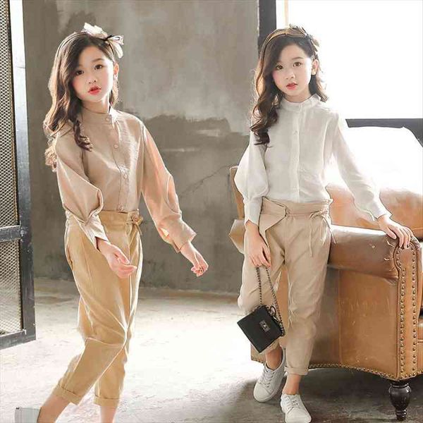 

spring girls clothing set girl suit teens blouse pants trousers two piece 3 15y baby big sets ca163, White