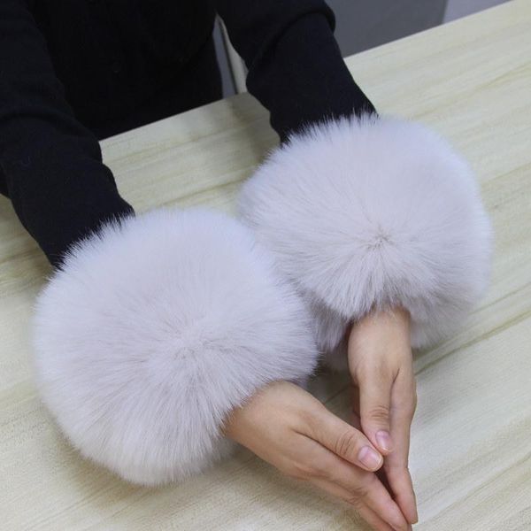 

five fingers gloves 1 pair women fashion winter warm faux fur elastic wrist slap on cuffs ladies solid color arm warmer plush protector, Blue;gray