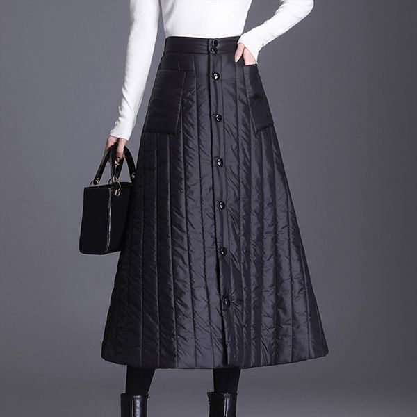 

classic high waist button down women skirts cotton quilted pocket thick warm, Black