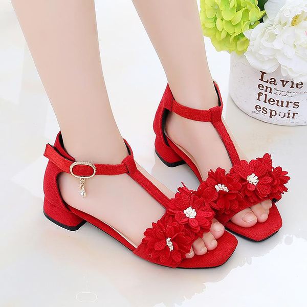 

princess high heels wedge fashion flower dress shoes summer girl dance party children kid sandals 3 5 6 7 8 9 10 11 12 years old, Black;red