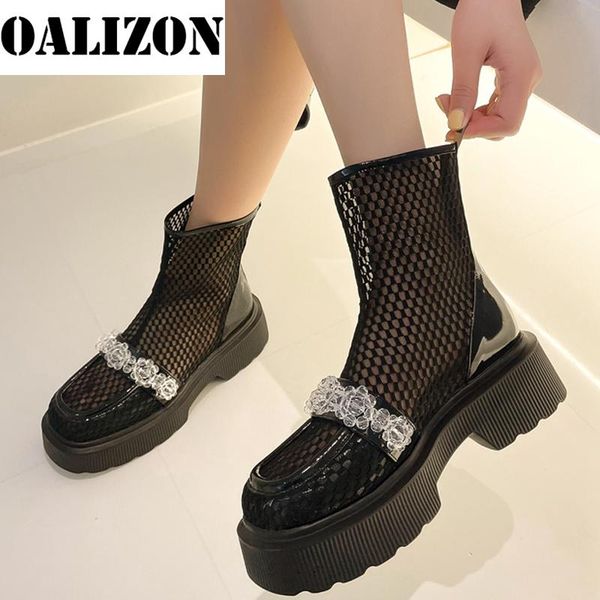 

women's lady summer 2021 mesh air hollow out breathable zipper chains sandal boots shoes woman block heels cool, Black