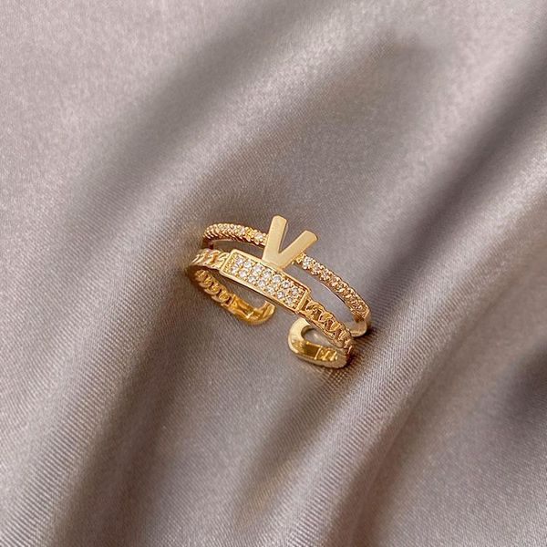 

advanced double-layer v letter gold rings for woman gothic accessories korean fashion jewelry student party unusual ring set cluster, Golden;silver