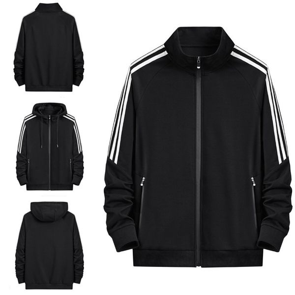 

hooded men's casual sweater youth solid color three bar cardigan loose coat tide brand bla stand collar top, Black