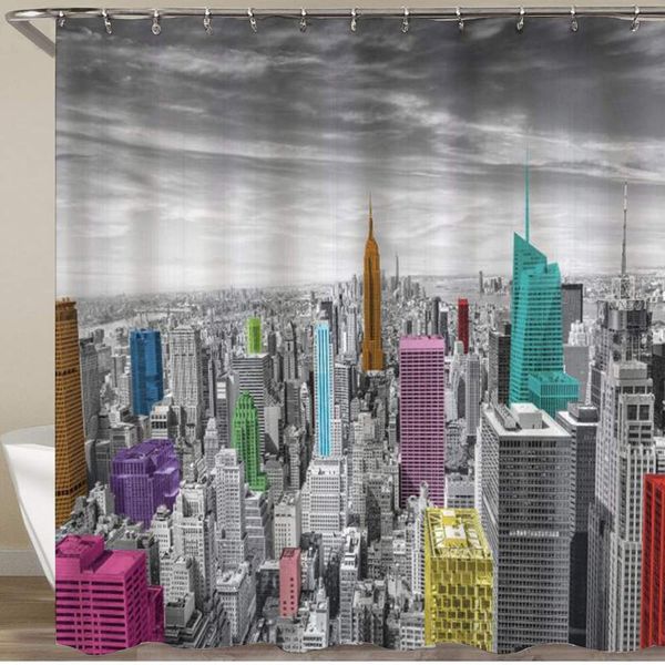 

shower curtain,new york nyc cityscape monochrome pgraph with colorful buildings urban architecture,polyester fabric