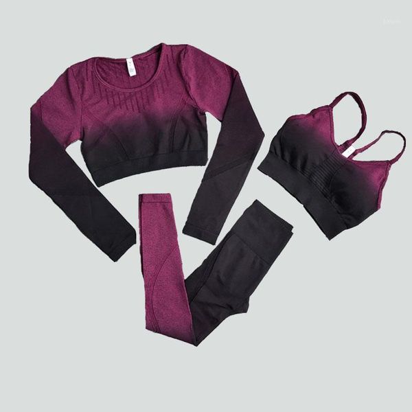 

2/3pcs seamless ombre women yoga set workout long sleeve crop training leggings gym clothing fitness sportswear sports suits outfit