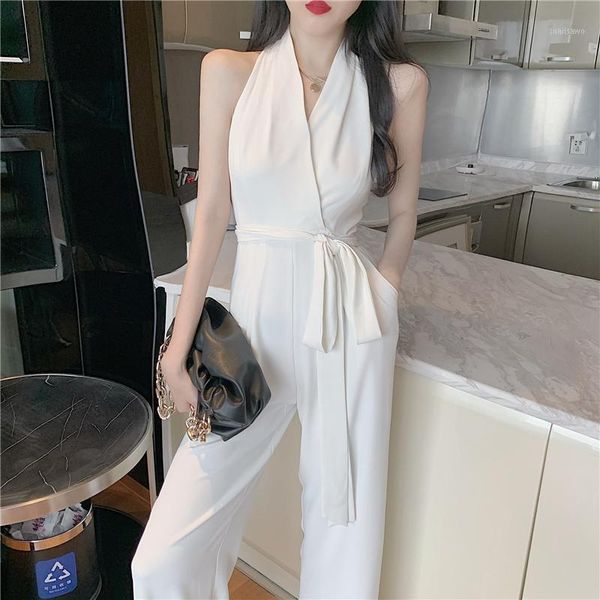 

korean chic women white halter romper v-neck sleeveless high waist wide leg jumpsuits ladies office fashion playsuit ol women's & rompe, Black;white