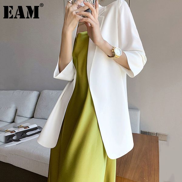 [EAM] Blazer temperamento bianco da donna con risvolto manica a tre quarti giacca ampia moda primavera estate 1DD7756 210512