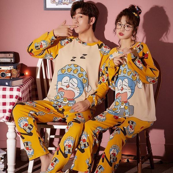 

autumn warm womens sleepwears couple pajamas set cute cartoon doraemon pattern long sleeve cotton men casual homewear oversized sleepwear, Black;red