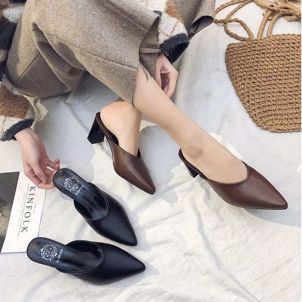 

women heel slippers spring ladies mules leather shoes casual woman fashion pointed toe, Black