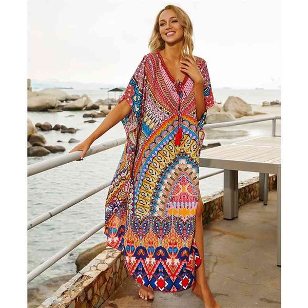 Быстрый богемный напечатанный свободное летнее пляжное платье марокканской кафтанских женщин плюс размер пляжная одежда кисточка MIDI платье Q897 210331