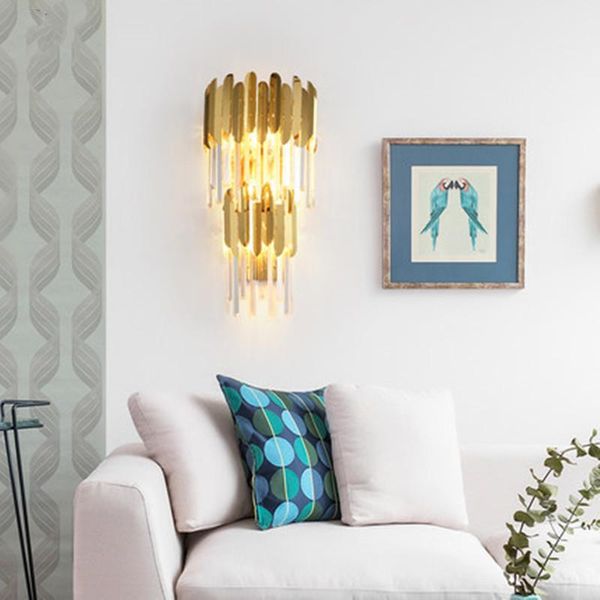 

postmodern creative luxury stainless steel crystal golden wall lamp living room background bedroom bedside decorative lights
