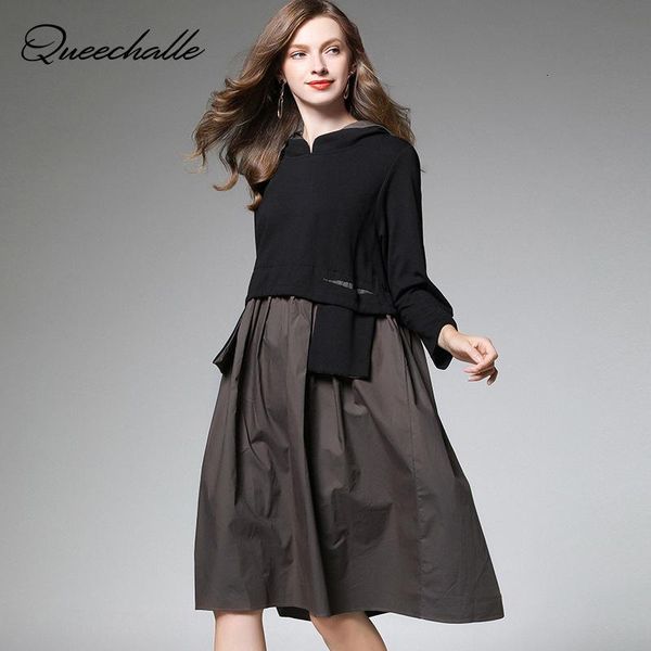 

casual dresses xl - 4xl plus size dress women autumn hooded pockets patchwork black a-line knee length midi female vestidos, Black;gray