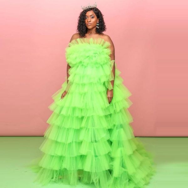 

party dresses bright green long prom ruffle tulle lush evening gowns vestidos de gala plus size streaples women dress custom, White;black