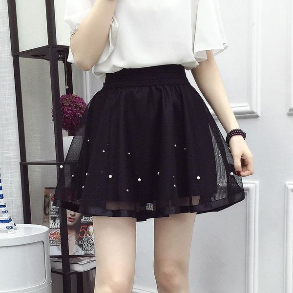 

skirts 2021 spring and summer korean version of beading anti-look elastic high waist puff a word lace skirt female, Black