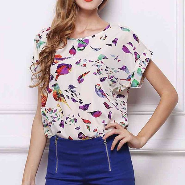 

fashion women shirt casual summer bird sword print o neck short sleeve loose chiffon blouse shirt woman clothing, White