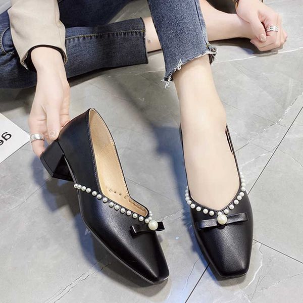 

rimocy fashion pearl med heels pumps women black beige pu leather office work shoes woman spring square toe slip on single 210528