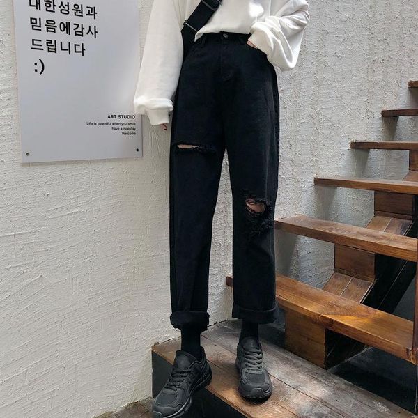 

women's jeans zoulv harajuku all-match girls street women summer vintage chic distressed hole black high waist femme straight trousers, Blue