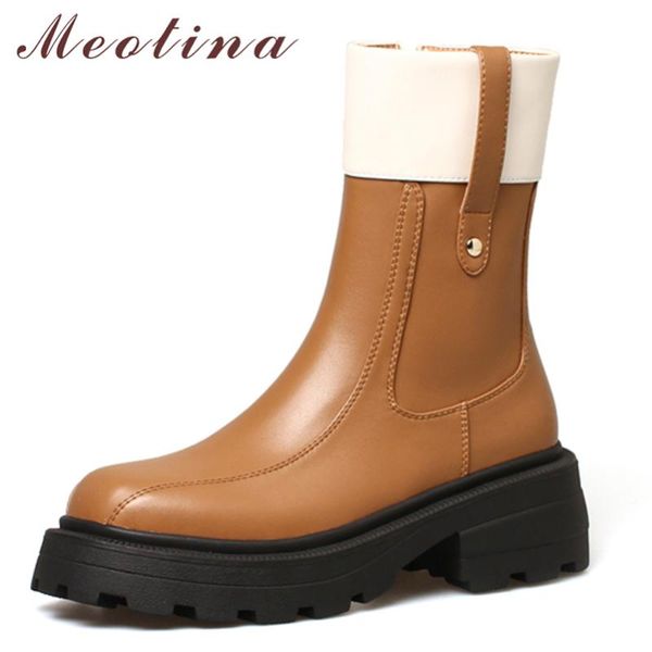 

boots meotina women genuine leather snow thick high heel ladies zipper round toe mid-calf autumn winter brown 33-40, Black