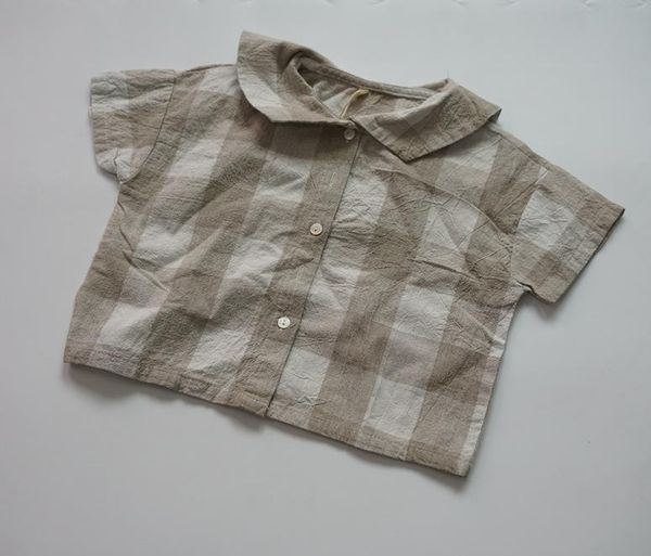 

summer korean style children cotton linen shirts loose casual short-sleeved blouses kids plaid, White;black