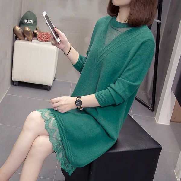 

autumn winter lace stitching mesh sweater dresses for women plus size women's knitted dress clothing vestidos mujer verano 2021 p0809, Black;gray