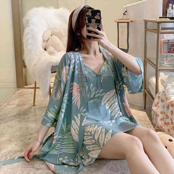 

woman pajamas sleepwear set 2 pieces sling robe flower print large size viscous soft nightdress ladies homewear, Black;red
