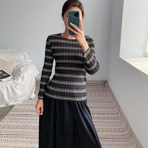 

spring o-neck pleated simple striped long sleeve slim all-match stretch t-shirt for women e4eb women's, White