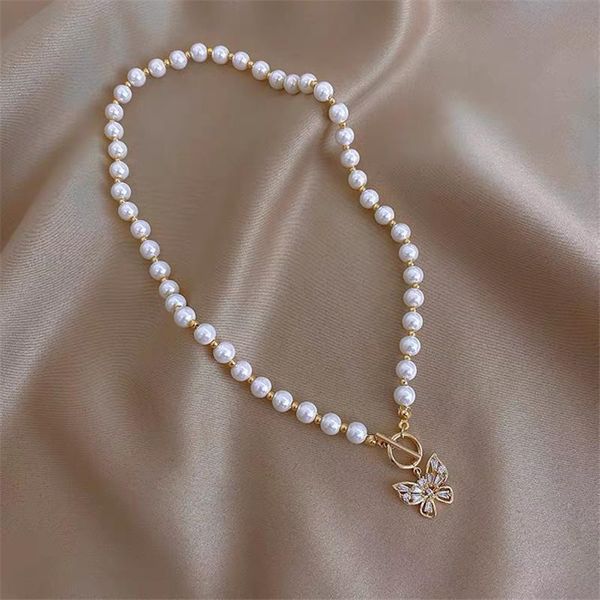 

pendant necklaces toggle clasp imitation pearl choker necklace sweet rhinestone crystal butterfly for women girl gold bead, Silver