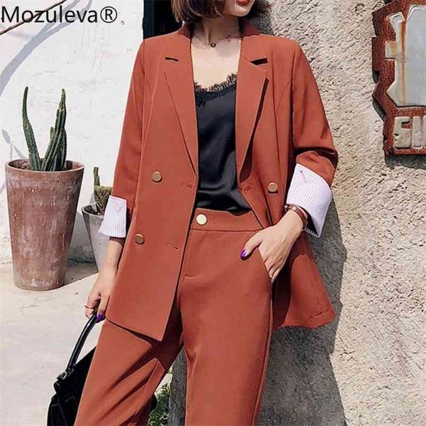 

vintage orange women suits long sleeve double breasted pants suit office ladies 2 piece blazer sets femme 210416, White