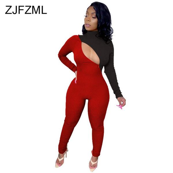 

women's jumpsuits & rompers contrast color womens jumpsuit turtleneck long sleeve bodycon overall autumn winter front zipper club party, Black;white