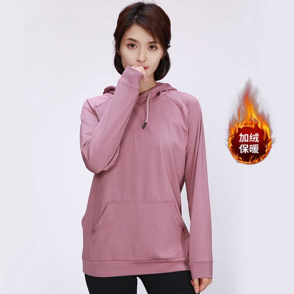 

lulu autumn and winter new women's plush thickened warm hooded sweater leisure sports fitness women's long sleeves, Black;white