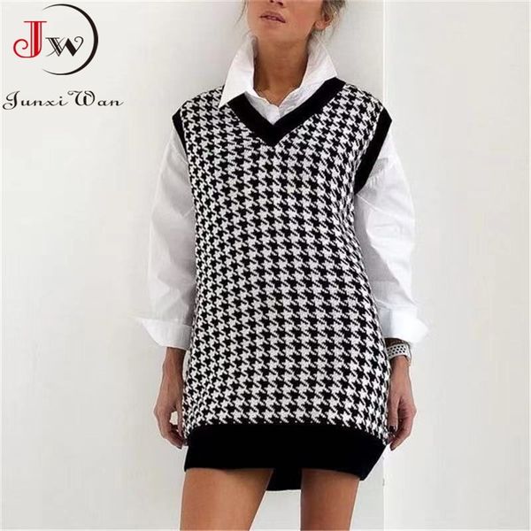

autumn winter loose houndstooth women knitted vest sweater vintage elegant mid-length autumn winter loose pullover jersey 211009, Black;white