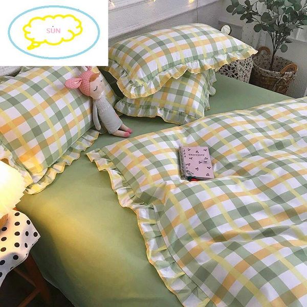 

four-piece set on a lotus leaf bed korean style fragrant taro purple grid soft small sheet three-piece bedding sets