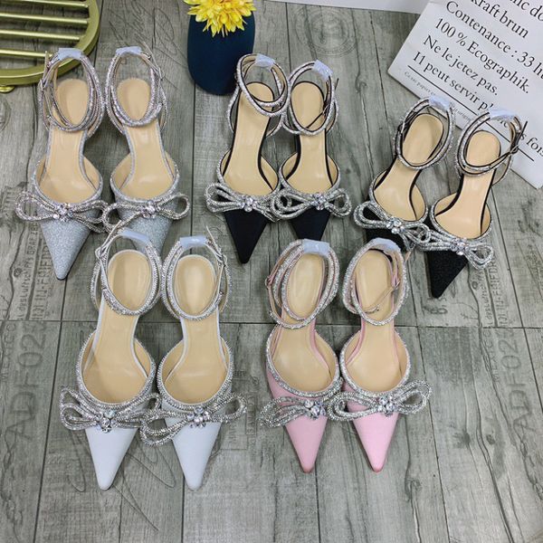 

satin silk bowie pumps crystal embellished rhinestone evening shoes stiletto heels sandals women heeled luxury designers ankle strap dress s, Black