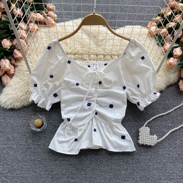 

women's knits & tees women fashion square neck embroidered short sleeve shirt drawstring fold waist blouse blusones de mujer, White
