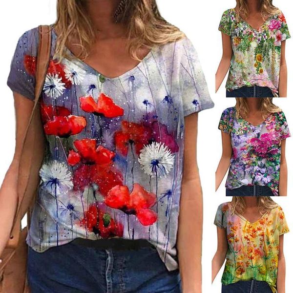 

women's t-shirt women summer floral casual tee short sleeve flower print street female v-neck loose s-3xl, White