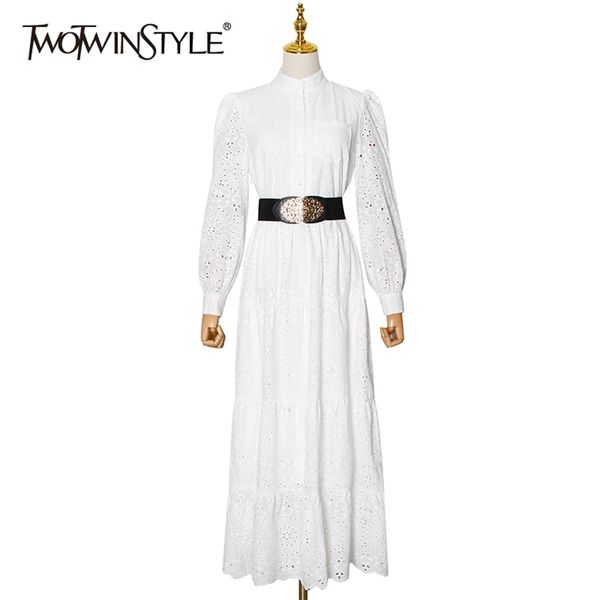 

white sashes dress for women stand collar long sleeve high waist hollow out elegant dresses female fashion 210520, Black;gray