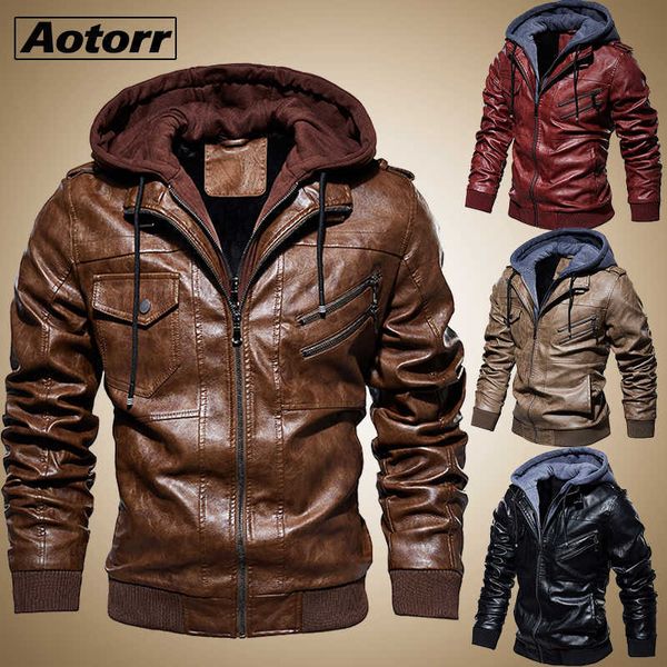 

men's leather jacket casual motorcycle removable hooded pu male zipper pu coat warm outerwear clothing 210909, Black;brown
