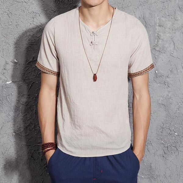 

men's casual shirts fashion fad summer mens linen short sleeve v neck basic blouse chinese style loose thin men plus size -5xl, White;black
