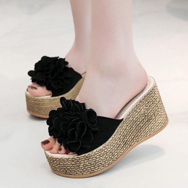 

platform slippers flowers beach shoes wedges high heels slipper woman slides floral ladies romeetse 7392, Black