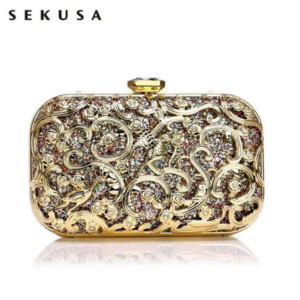 

sekusa hollow out style women evening bags sequined wedding party clutches small chain shoulder lady handbags purse 210823