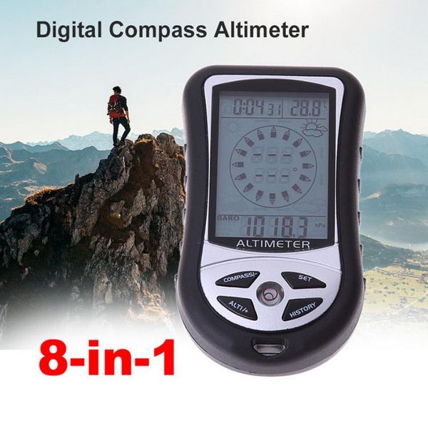 

by dhl or fedex 50pcs 8 in 1 lcd compass barometer altimeter thermo temperature clock calendar digital altimeter+ lanyards outdoor gadgets