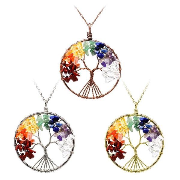 

pendant necklaces 7 chakra quartz natural stone tree of life pendulum necklace for women healing crystal pendants jewelry, Silver
