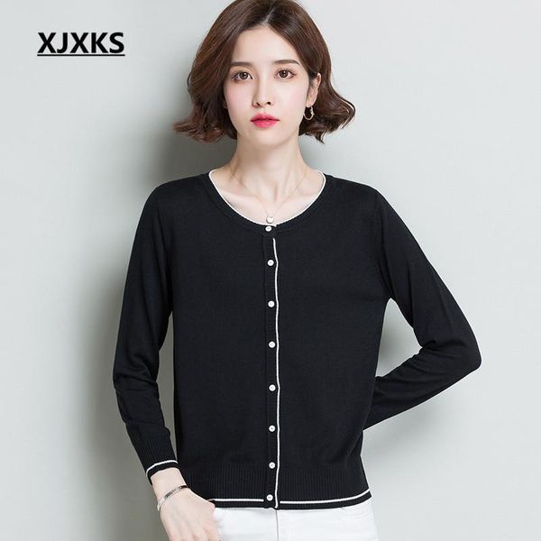 

women's sweaters xjxks 2021 spring autumn women cardigan fashion round neck single-breasted comfortable wool knitting sweater, White;black